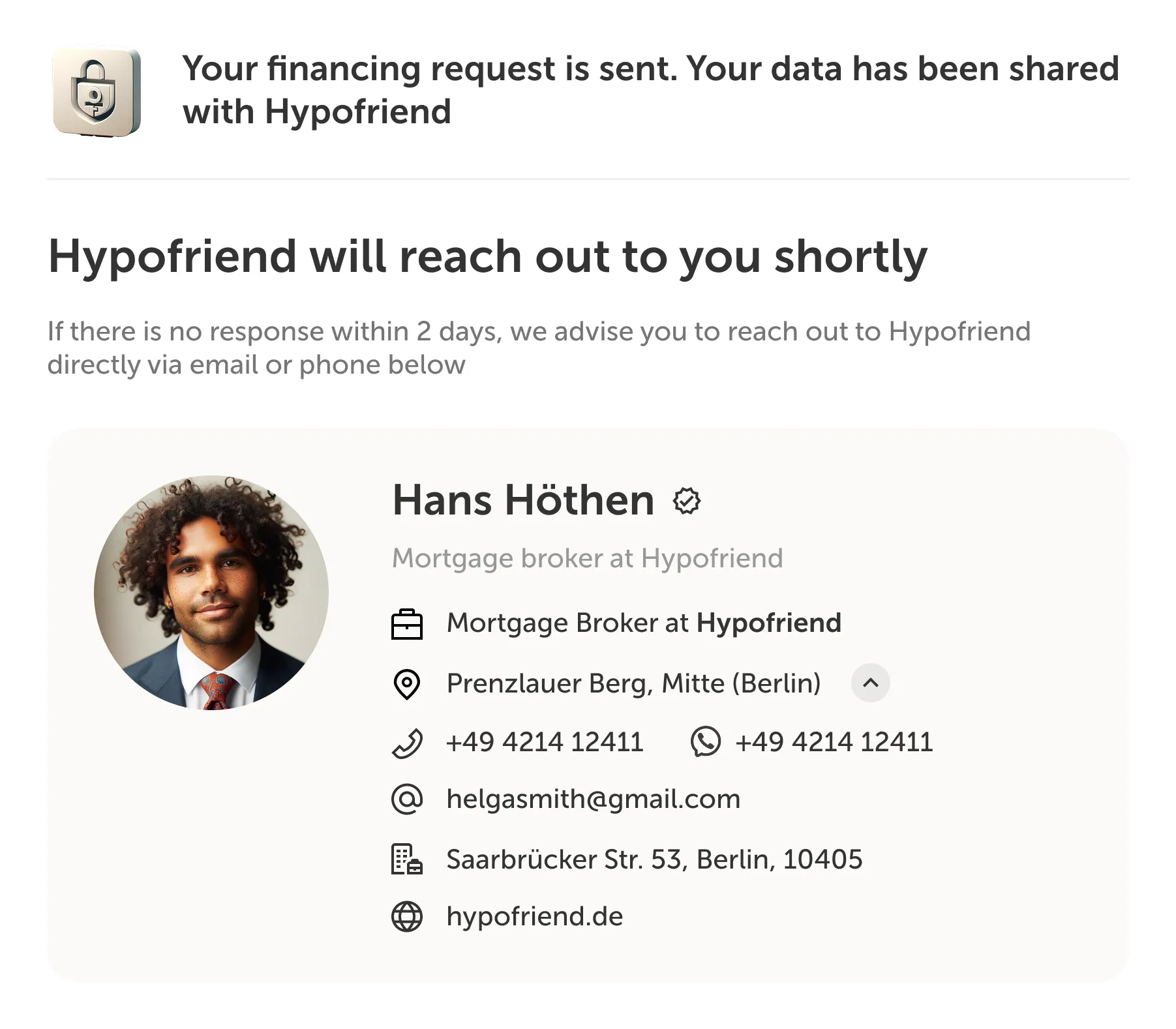 Financing request preview